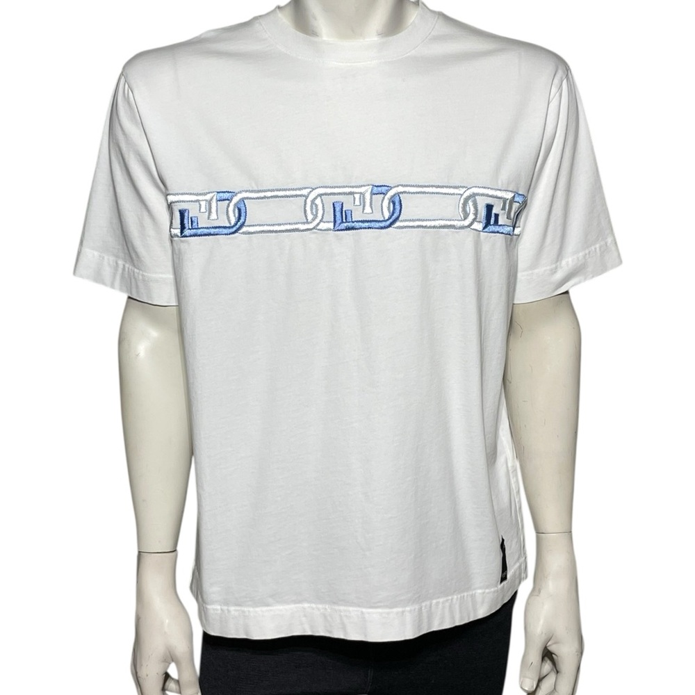 Fendi Embroidered Chain Motif T-Shirt – White Blue